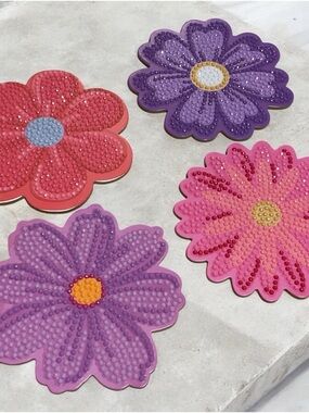 🌸 Handmade Floral Diamond Art Coasters – Set of 4 🌸 Sealed